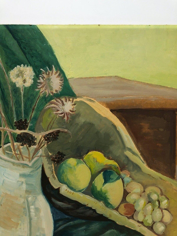 Stillleben Blumenvase und Obstschale 1940 Öl auf Karton