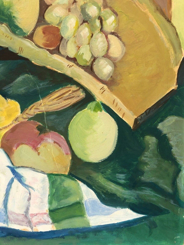 Stillleben Blumenvase und Obstschale 1940 Öl auf Karton