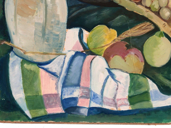 Stillleben Blumenvase und Obstschale 1940 Öl auf Karton