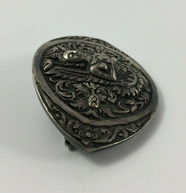 Brosche mit Buddha-Dekor Indien Silber 24 Gramm schöne alte Rechnung
