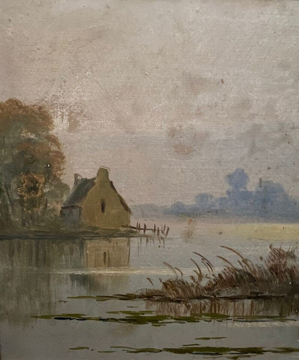 Huile sur panneau représentant une rivière début XXe 1914
