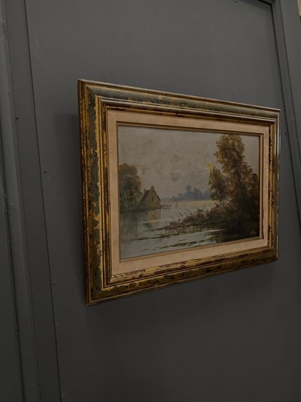 Huile sur panneau représentant une rivière début XXe 1914