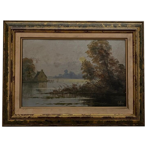 Huile sur panneau représentant une rivière début XXe 1914