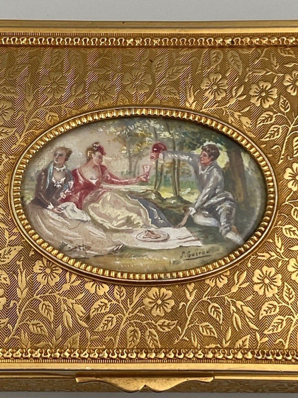 Miniature bronze box signed S. Guerou or Gueron Romantic scene