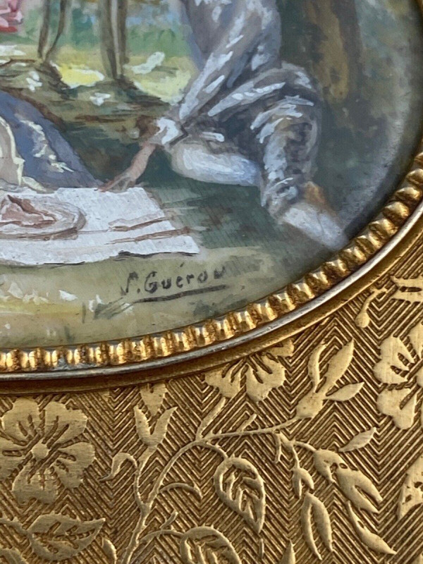 Miniature bronze box signed S. Guerou or Gueron Romantic scene