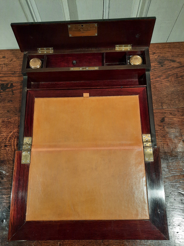 Marquetry travel writing case signed Ch. Fortin, Napoleon III period.