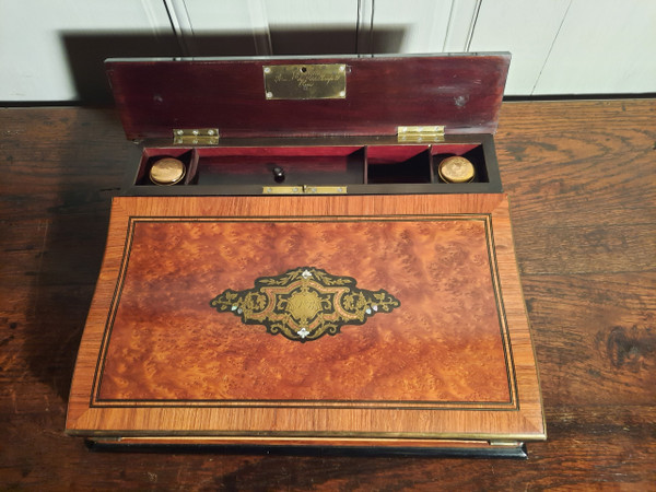 Marquetry travel writing case signed Ch. Fortin, Napoleon III period.