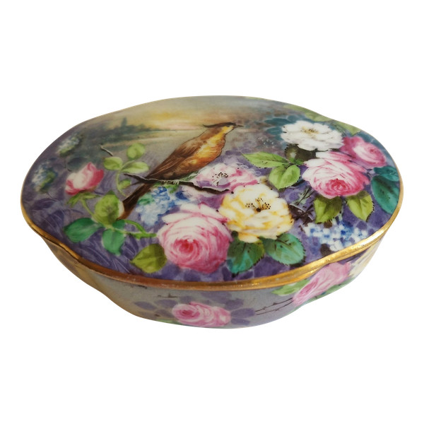 Hand Painted Porcelain Box Decorated With Birds And Roses 1900