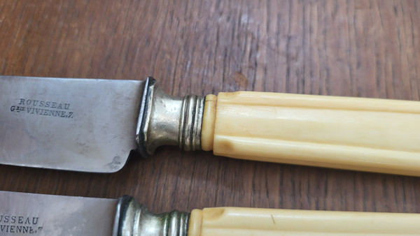 12 table knives, steel blade and ivory handle