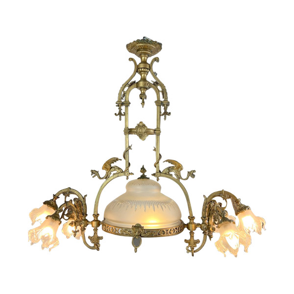 GRAND LUSTRE A 8 LUMIÈRES EN BRONZE A DÉCOR DE DRAGONS AVEC VERRERIE D ORIGINE