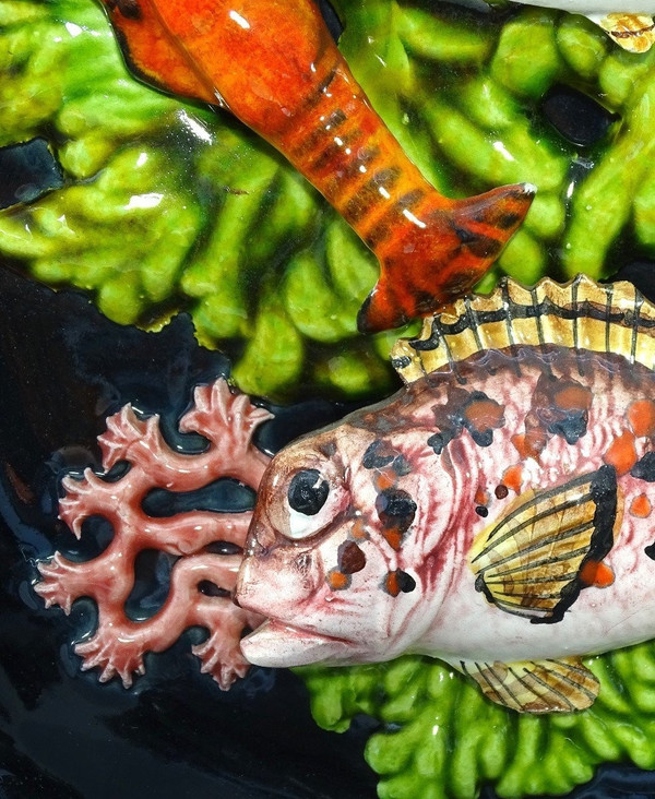 Vallauris, 1950s, Earthenware Plate Decorated With Fish, A Langoustine And Corals.