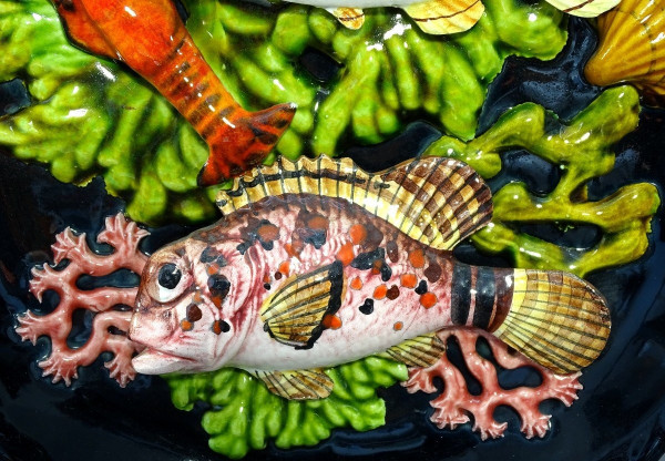 Vallauris, 1950s, Earthenware Plate Decorated With Fish, A Langoustine And Corals.