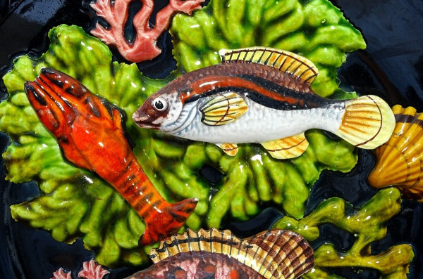 Vallauris, 1950s, Earthenware Plate Decorated With Fish, A Langoustine And Corals.