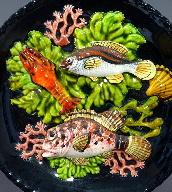 Vallauris, 1950s, Earthenware Plate Decorated With Fish, A Langoustine And Corals.