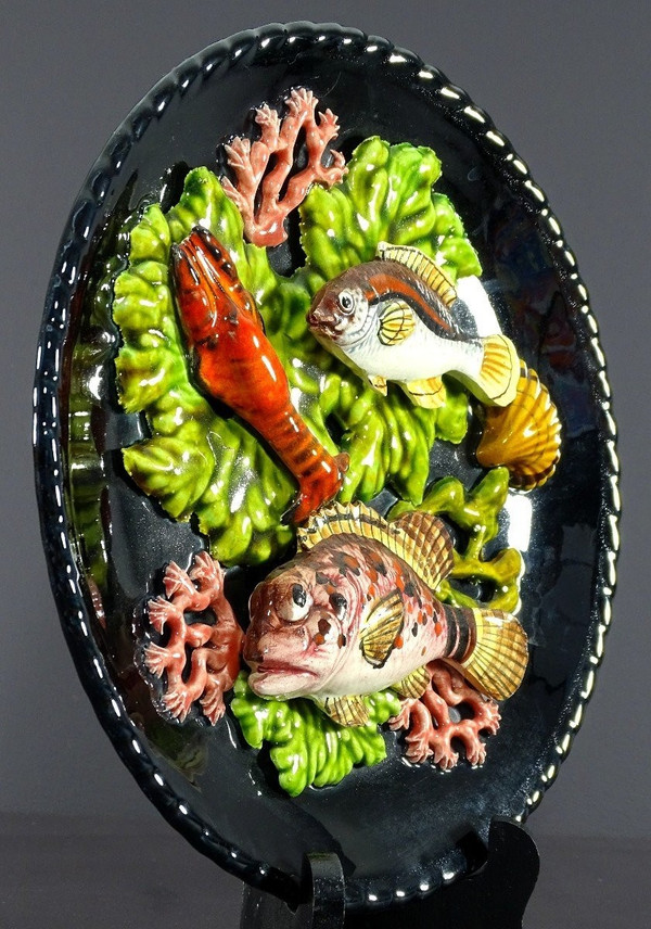 Vallauris, 1950s, Earthenware Plate Decorated With Fish, A Langoustine And Corals.