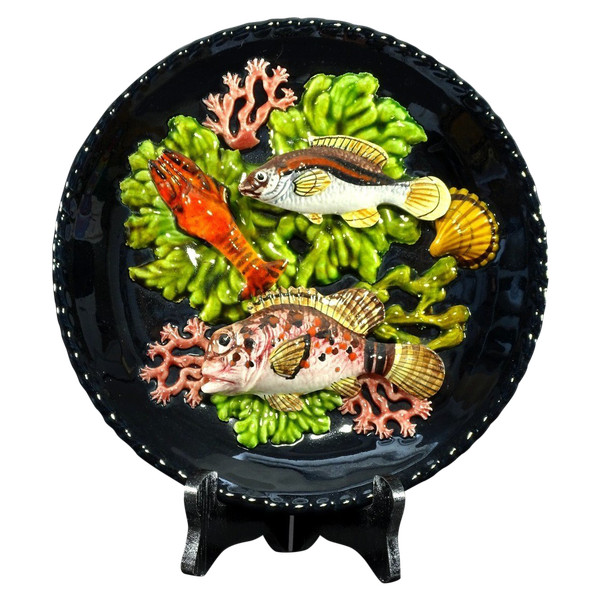 Vallauris, 1950s, Earthenware Plate Decorated With Fish, A Langoustine And Corals.