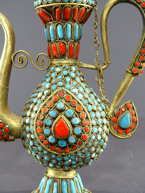 Tibet, 1920s/1930s, Repoussé Copper Ewer Decorated With Red And Blue Enamel Beads.