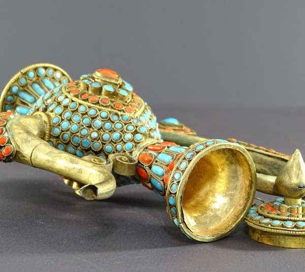 Tibet, 1920s/1930s, Repoussé Copper Ewer Decorated With Red And Blue Enamel Beads.