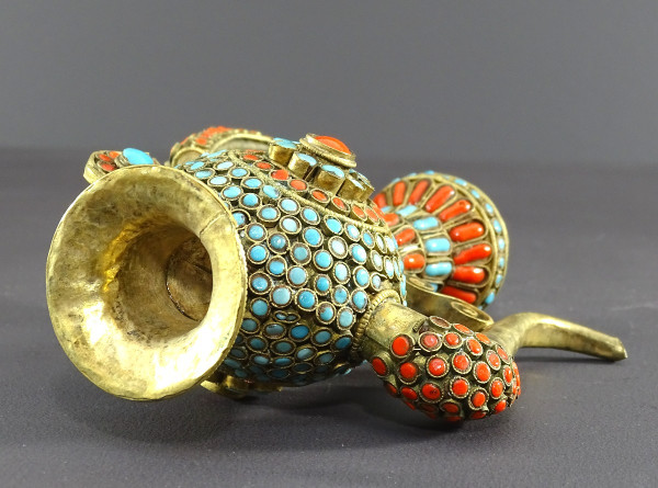 Tibet, 1920s/1930s, Repoussé Copper Ewer Decorated With Red And Blue Enamel Beads.