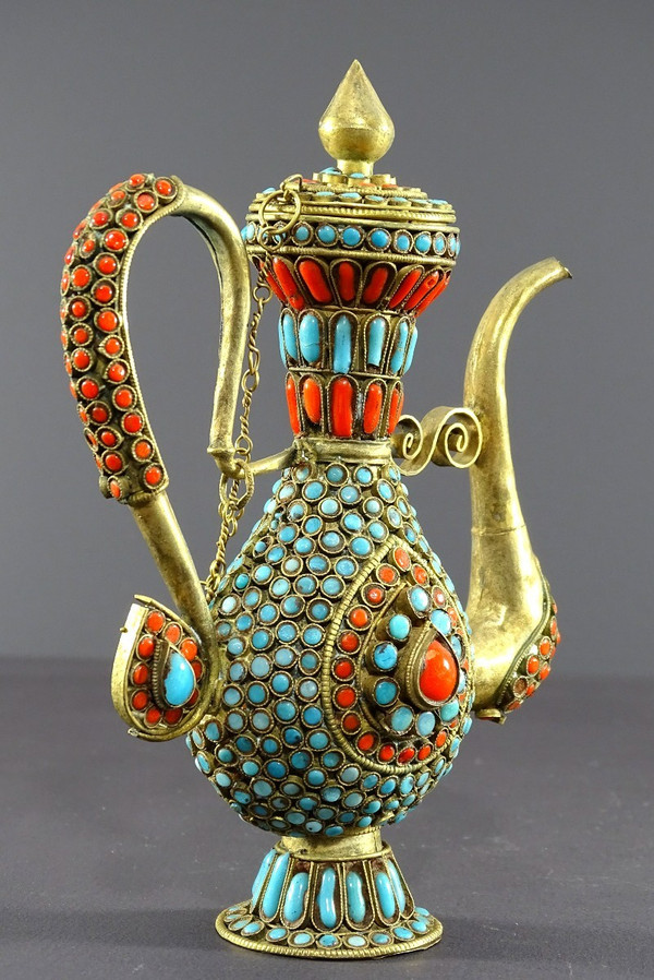 Tibet, 1920s/1930s, Repoussé Copper Ewer Decorated With Red And Blue Enamel Beads.