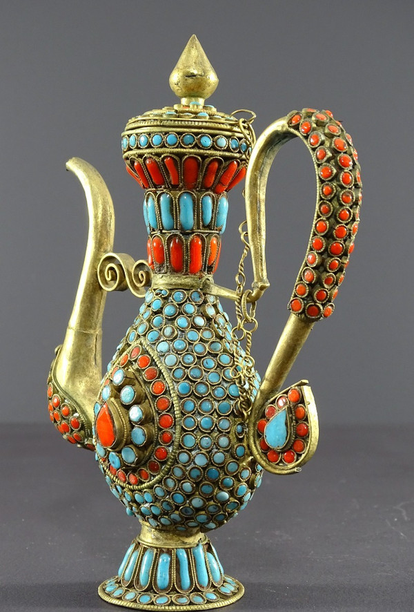 Tibet, 1920s/1930s, Repoussé Copper Ewer Decorated With Red And Blue Enamel Beads.