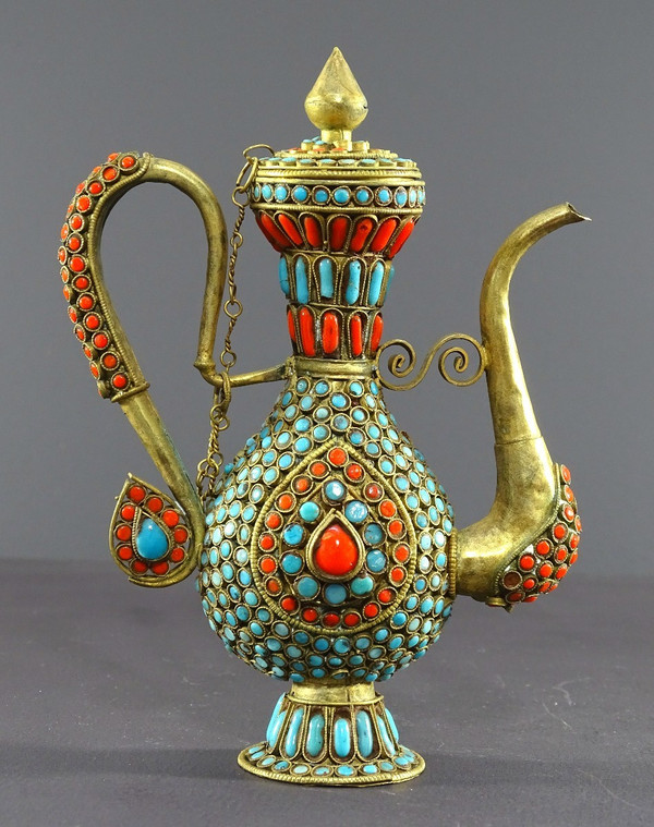 Tibet, 1920s/1930s, Repoussé Copper Ewer Decorated With Red And Blue Enamel Beads.