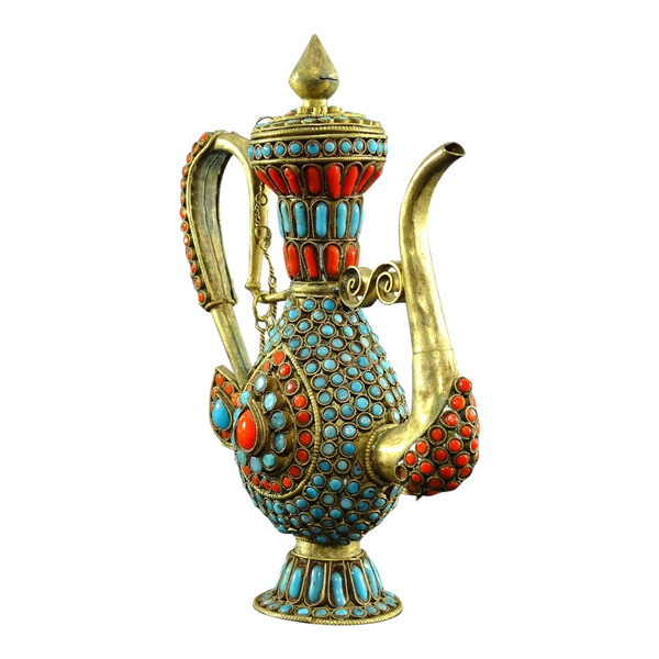 Tibet, 1920s/1930s, Repoussé Copper Ewer Decorated With Red And Blue Enamel Beads.