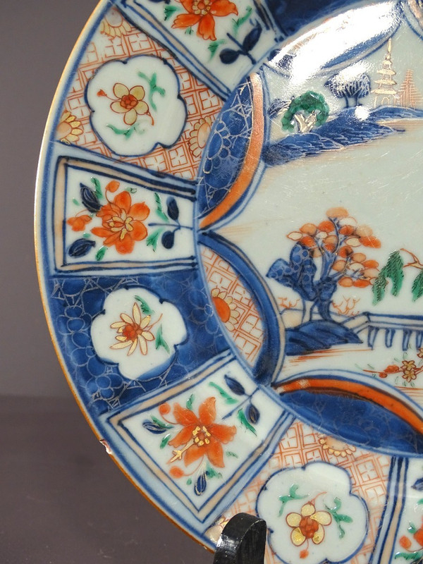 China 18th Century, Porcelain Dish Featuring Imari Decor of a Pagoda in a Garden.