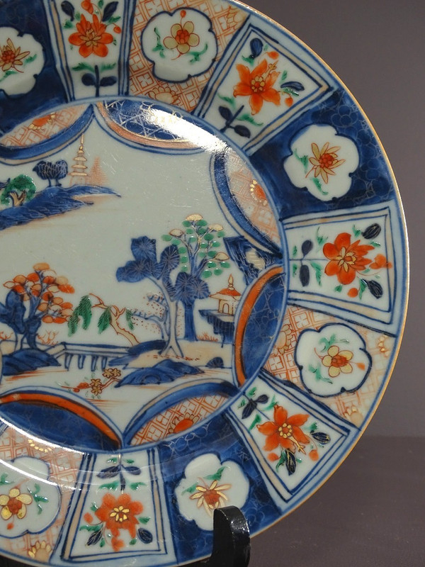 China 18th Century, Porcelain Dish Featuring Imari Decor of a Pagoda in a Garden.