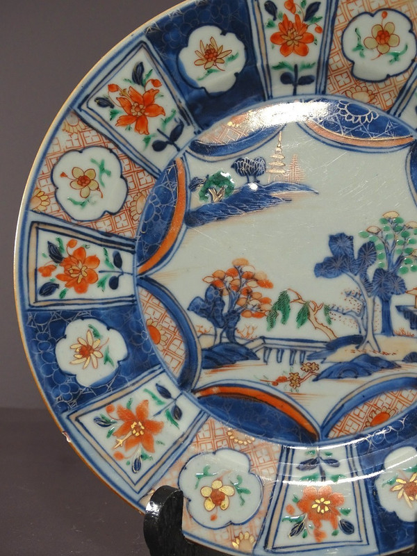 China 18th Century, Porcelain Dish Featuring Imari Decor of a Pagoda in a Garden.