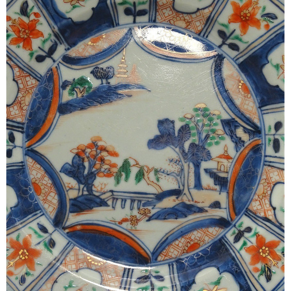 China 18th Century, Porcelain Dish Featuring Imari Decor of a Pagoda in a Garden.