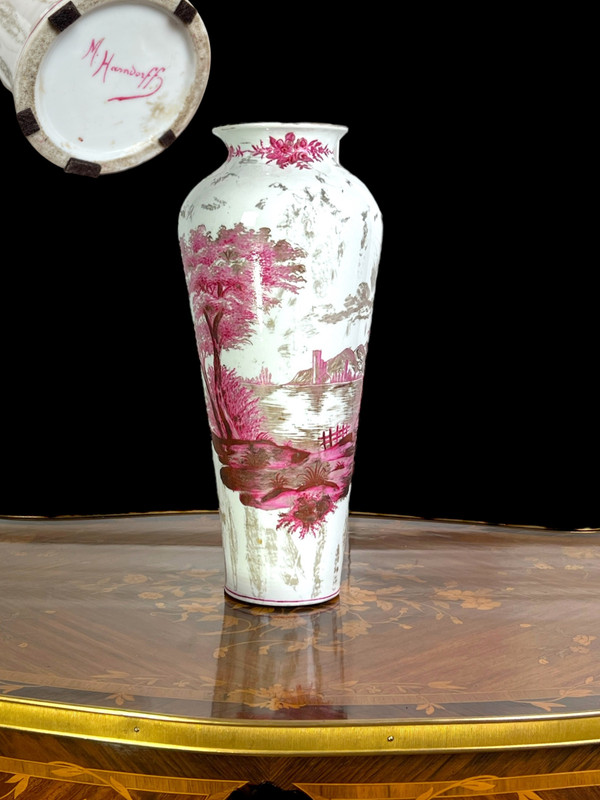 OLD CERAMIC VASE SIGNED BY MARIE HARNDOFF WITH LAKE DECOR, 41 CM