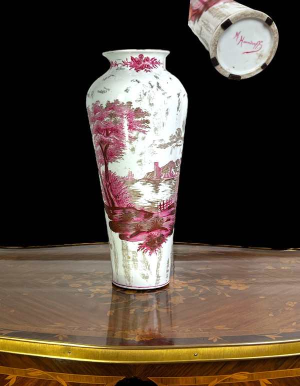 OLD CERAMIC VASE SIGNED BY MARIE HARNDOFF WITH LAKE DECOR, 41 CM