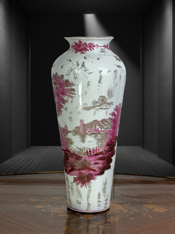 OLD CERAMIC VASE SIGNED BY MARIE HARNDOFF WITH LAKE DECOR, 41 CM