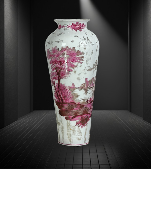 OLD CERAMIC VASE SIGNED BY MARIE HARNDOFF WITH LAKE DECOR, 41 CM