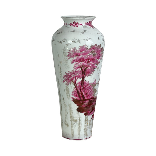 OLD CERAMIC VASE SIGNED BY MARIE HARNDOFF WITH LAKE DECOR, 41 CM