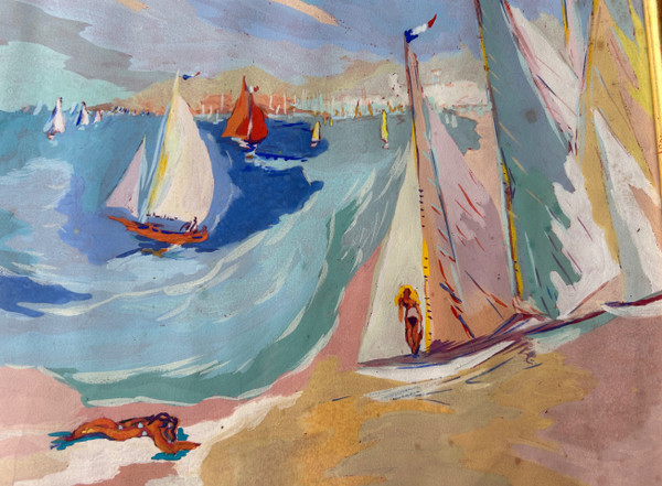 Louis André Cabane (xxéme) Öl Auf Papier - Strandszene Um 1930