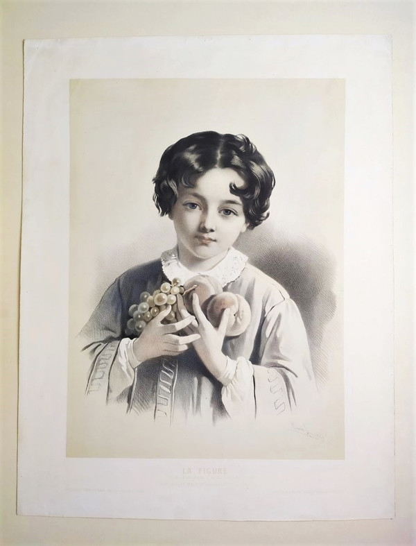 Portrait De Jeune Garçon Ou Allégorie De l'Automne Par Emile Lassalle Lithographie 19ème