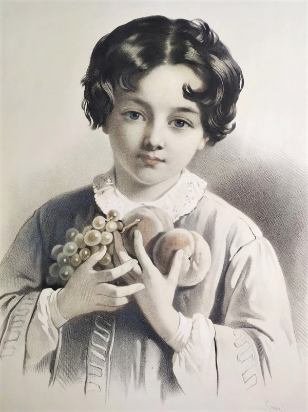 Portrait De Jeune Garçon Ou Allégorie De l'Automne Par Emile Lassalle Lithographie 19ème