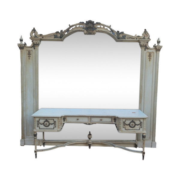 Louis XVI Style Lacquered Wood Dressing Table With Mirror, Early 20th Century