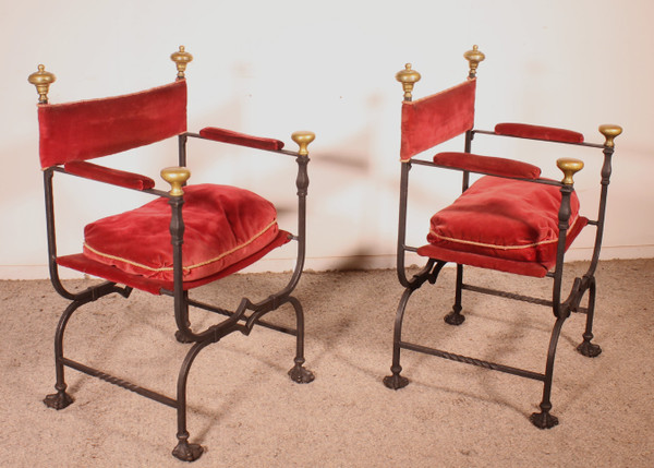 Paire De Fauteuils Curule En Fer Forgé Et Bronze