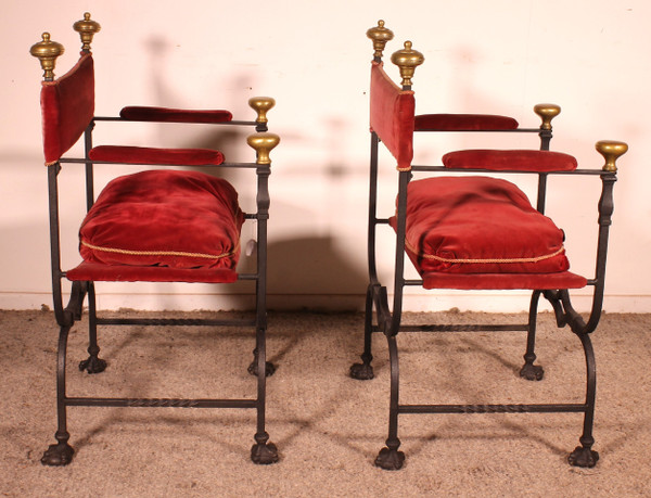 Paire De Fauteuils Curule En Fer Forgé Et Bronze