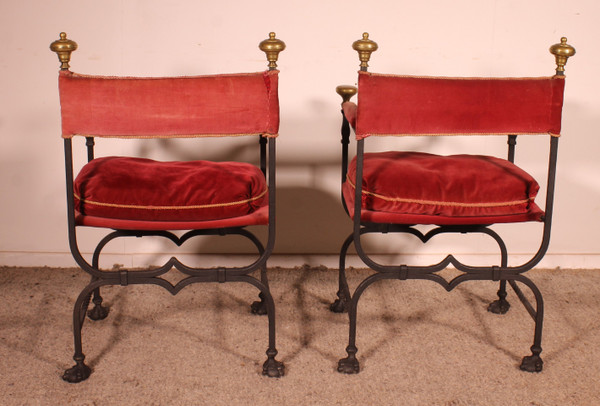 Paire De Fauteuils Curule En Fer Forgé Et Bronze