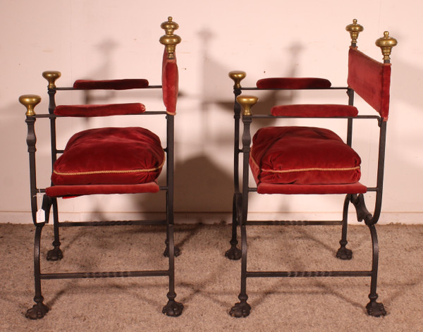 Paire De Fauteuils Curule En Fer Forgé Et Bronze