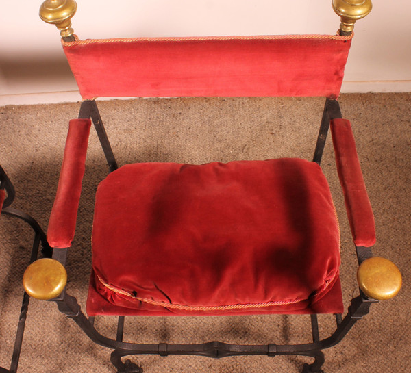 Paire De Fauteuils Curule En Fer Forgé Et Bronze
