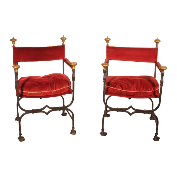 Paire De Fauteuils Curule En Fer Forgé Et Bronze