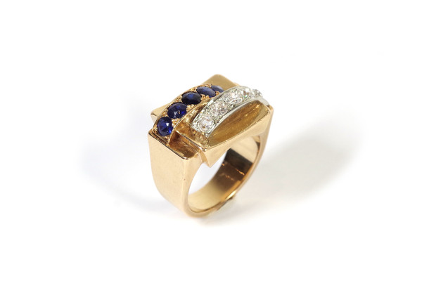 Bague tank saphirs diamants en or 18k, saphirs et diamants, bague rétro, bijoux tank, bijoux anciens