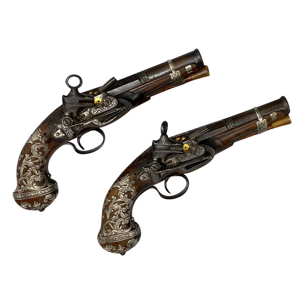 Coppia di pistole di lusso a pietra focaia di Joseph LLINAROS Spagna circa 1800