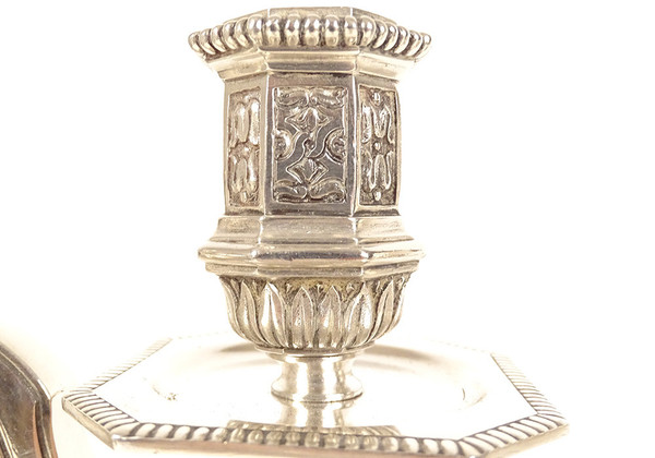 Coppia di candelabri a 2 luci Luigi XIV Christofle Dupérier Metallo argentato XX secolo