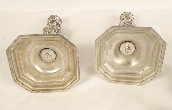 Coppia di candelabri a 2 luci Luigi XIV Christofle Dupérier Metallo argentato XX secolo